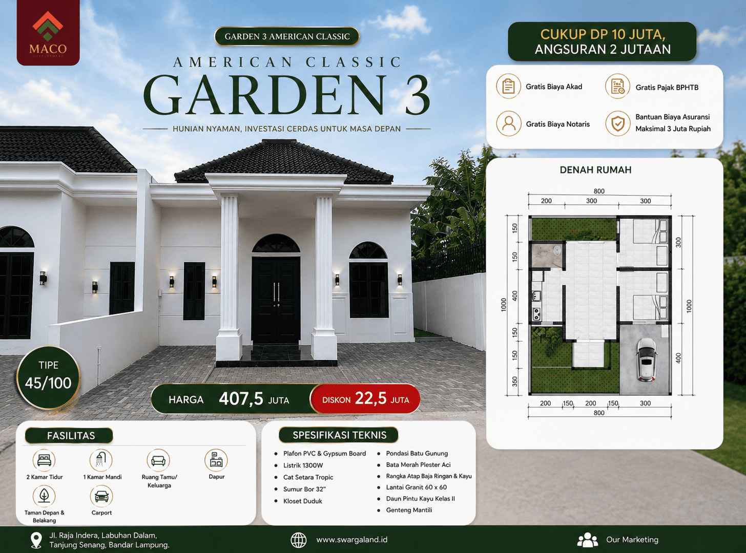 New Garden 3 Type 45/100 American - Rumah 2KT/1KM di Kota Bandar Lampung, harga Rp 385 juta | Maco Properti