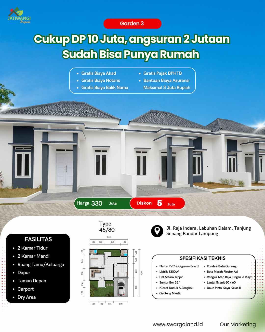 New Garden 3 Type 45/80 Old - Rumah 2KT/2KM di Bandar Lampung, harga Rp 325 juta | Maco Properti